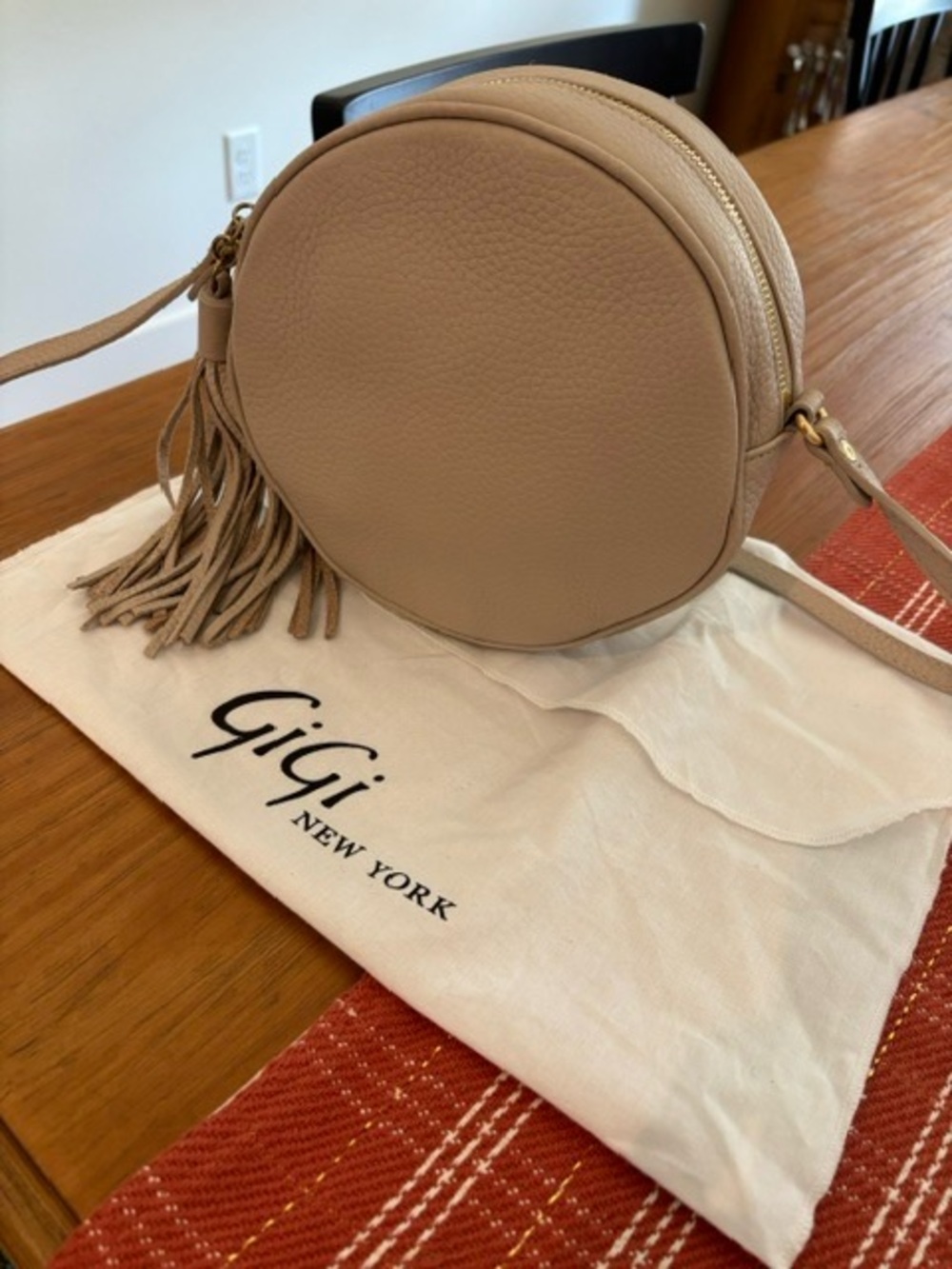 GiGi New York Taupe Round Leather Crossbody with Tassel